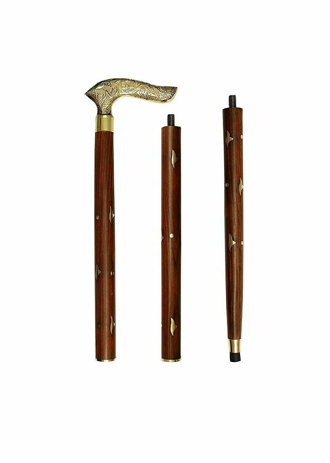 Working Best Brass Derby Head Handle Folding Wooden Walking Stick Cane Vintage
