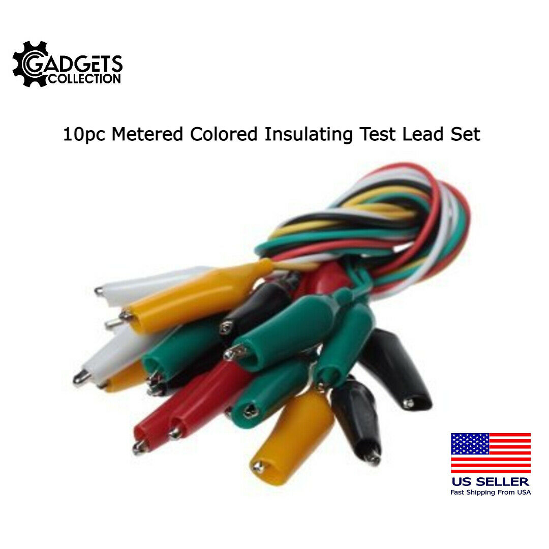 10pc Metered Colored Insulating Test Lead Cable Set Double Ended Alligator Clips
